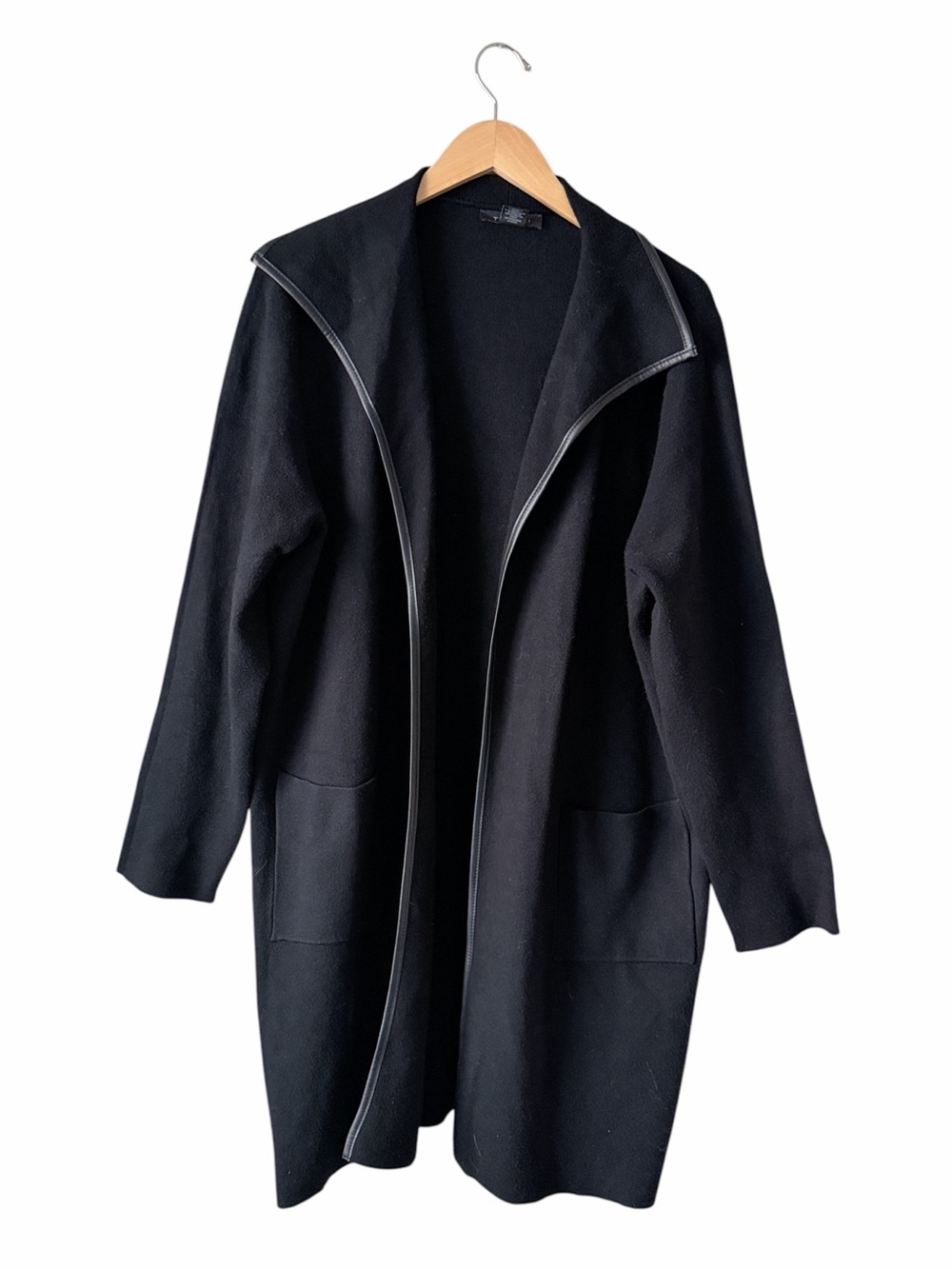 Tahari Black Long Open-Front Coat Fleece Lined Leather Trim Pockets Women’s XL